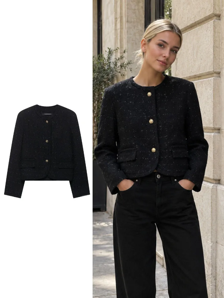 HH Party Date Night Black Tweed Jacket Women Autumn Winter Gold Button Crew Neck Glamorous Chic Bold Elegant Trendy Outerwear