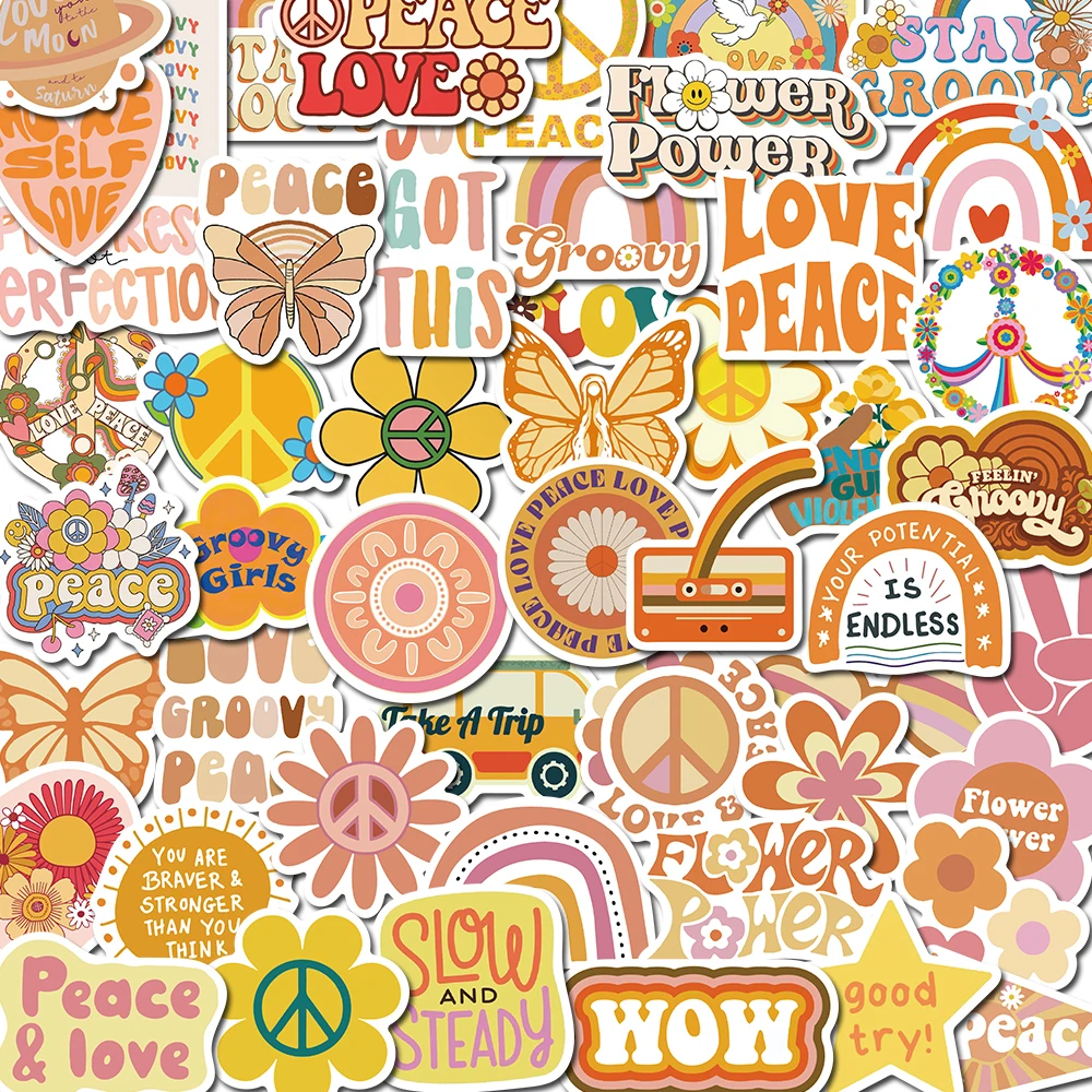 50PCS Hippie Yellow Peace Stickers For DIY Diary Notebook Guitar Scrapbooking Motorcycle Laptop Luggage Graffiti Decals