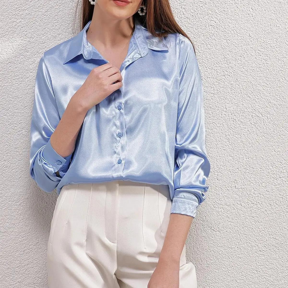 Amazon's cross-border supply of popular European and American women's spring/summer French satin comfortable and smooth shirts