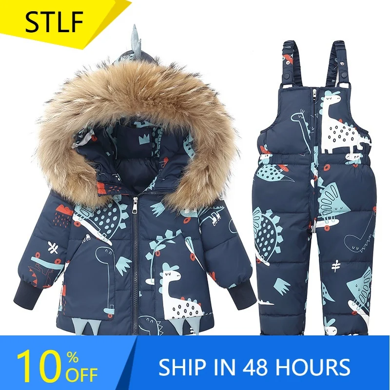 

STLF Cartoon Dinosaur Print Jacket Ski Suit for Children Winter Thick Warm Waterproof Material Hooded Collar Zipper Two-Piece Se