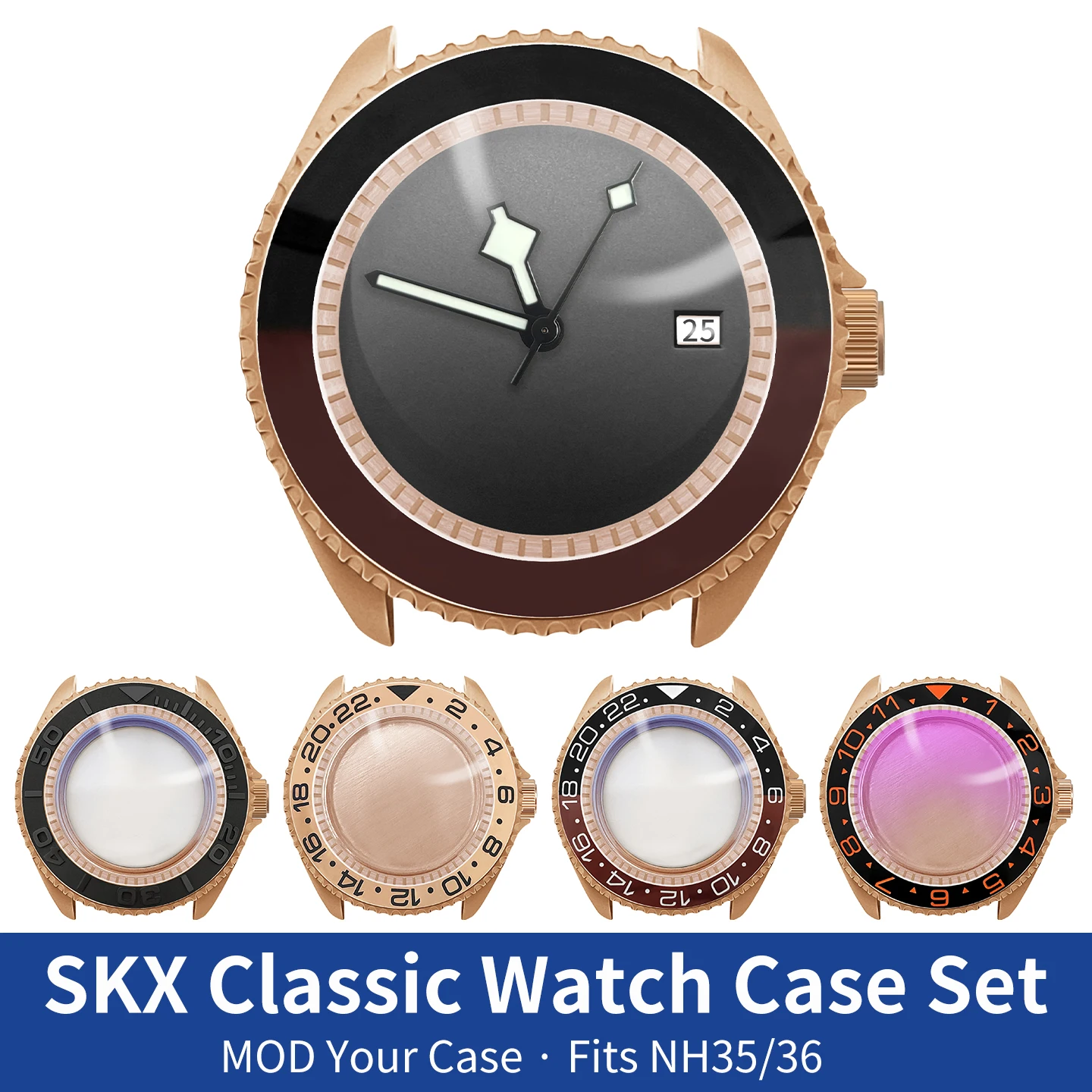 SKX 클래식 무광 로즈 골드 시계 케이스 3시 방향 SKX007 009 호환 NH35 NH36 무브먼트 챕터 링 크라운 케이스백 부품 MOD