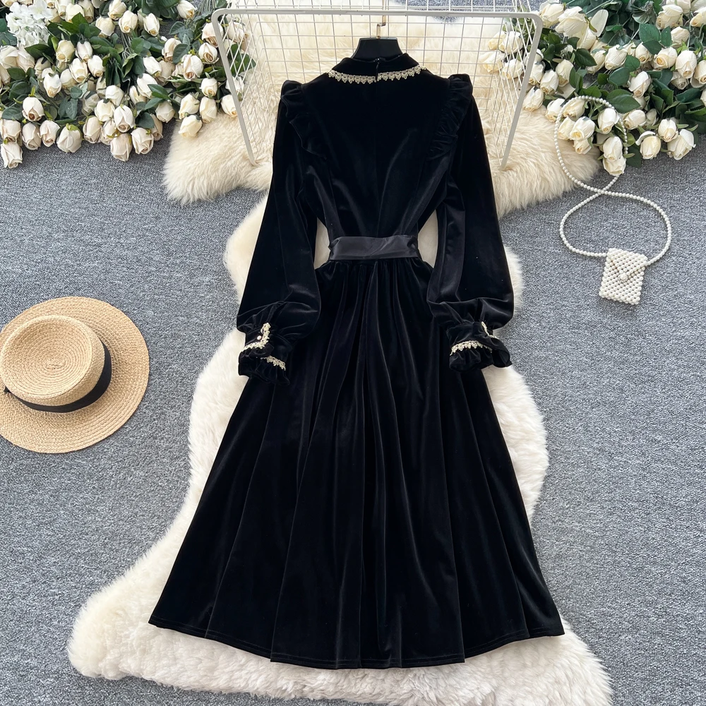 Vintage Elegant Long Sleeve Chic velour Slim Dresses Korean Office High Street Autumn Clothing