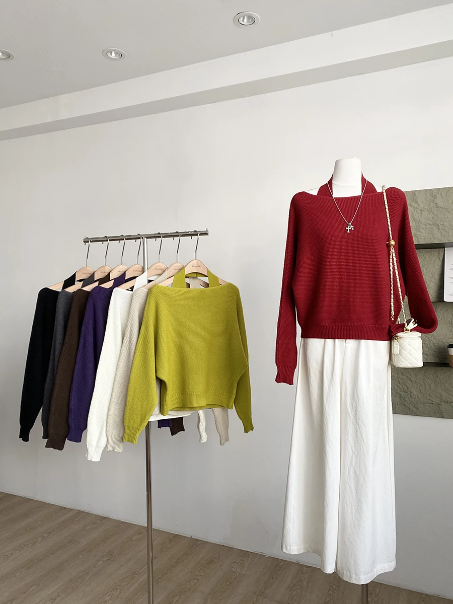 

Spring 2026 Loose Knitted Sweater Set Neck Hanging Pure Color Versatile Casual Korean Style Women's High Waist Long Pants