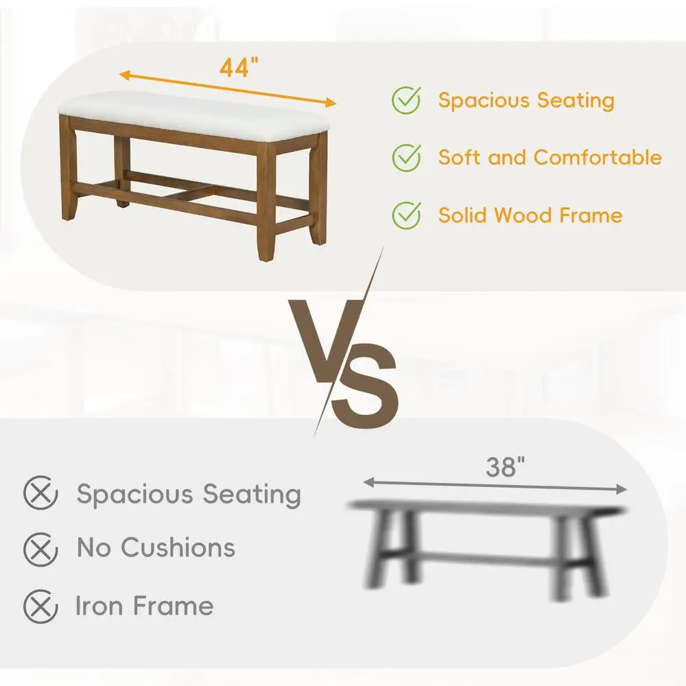 طقم طاولة طعام قابلة للتمديد من Farmhouse مقاس 76 بوصة، طاولة من الخشب الصلب باللون البني الداكن مع 4 كراسي منجدة ومقعد #6