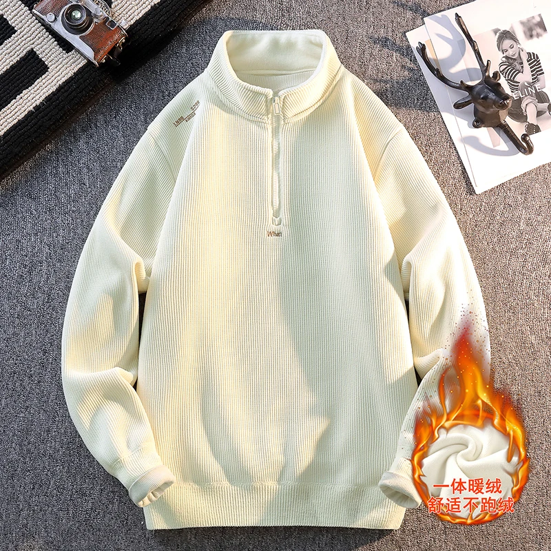 Thermal Fleece-Lined Half-Zip Pullover – Ribbed Stand Collar Sweatshirt for Men