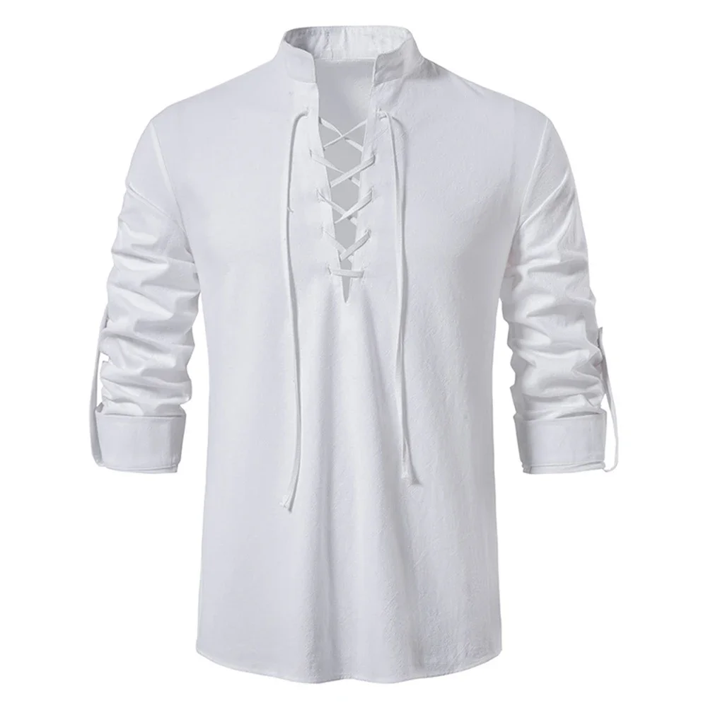 

Pirate Costume Shirt Shirt Polyester Fall Front Lace Up Long Sleeve Men Mens Shirt Solid Color Spring Summer Beach
