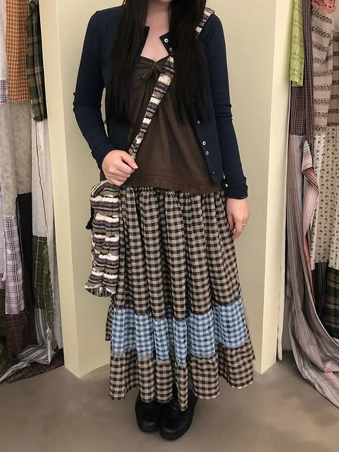 FabGirls Gonna a vita bassa con motivo scozzese artistico retrò Gonna lunga a trapezio snellente versatile per giovani donne