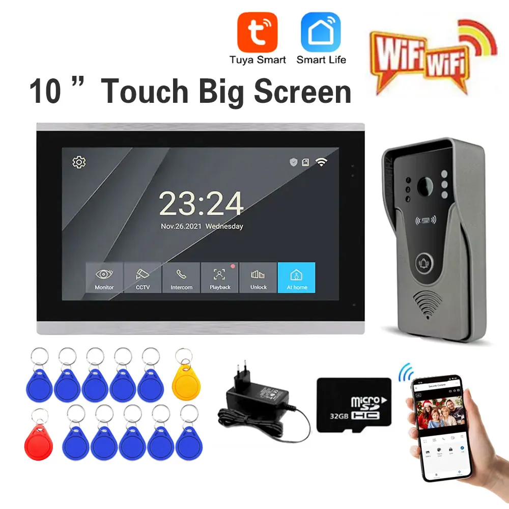 Tuya 1080P 10 Inch Color Touch Screen Wireless WiFi Video Doorbell Smart APP Home Intercom Kit for RFID Access Control System