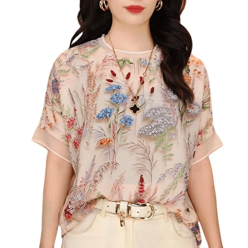 Summer New Women's Spliced Gauze Pullovers Crew Neck Printed High End Fashion Loose Versatile Short Sleeve Chiffon Shirt Tops