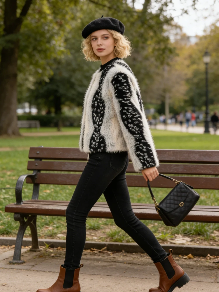 

Винтажное пальто из искусственного меха с круглым вырезом, женское повседневное свободное утепленное плюшевое пальто, женское пальто 2025 года, зимняя классическая шикарная уличная верхняя одежда