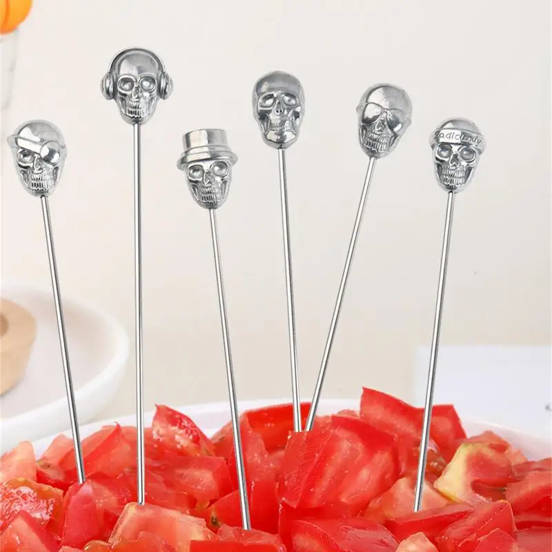 6pcs Cocktail Picks Skull Cocktail Picks Martini Picks Stainless Steel Reusable Olive Picks Garnish Skewer Silver Fruit