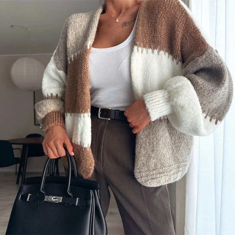 

Women's Knitted Cardigan Sweater Jacket Open Front Long Sleeve V-Neck Rainbow Color Block Loose Fit European Style Knitwear