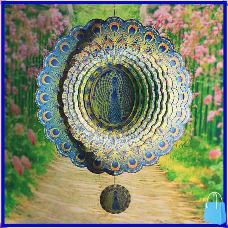 

3D Wind Spinner Peafowl 12Inch Garden Laser Cut Hanging Wind Spinners Metal Kinetic Yard Art Deco Indoor/Outdoor Decor Durable