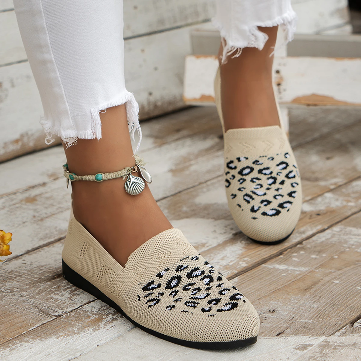 Elegant Houndstooth Knitted Ballet Flats Woman Point Toe Mesh Moccasins Ladies Big Size Leopard Loafers Soft Driving Shoes