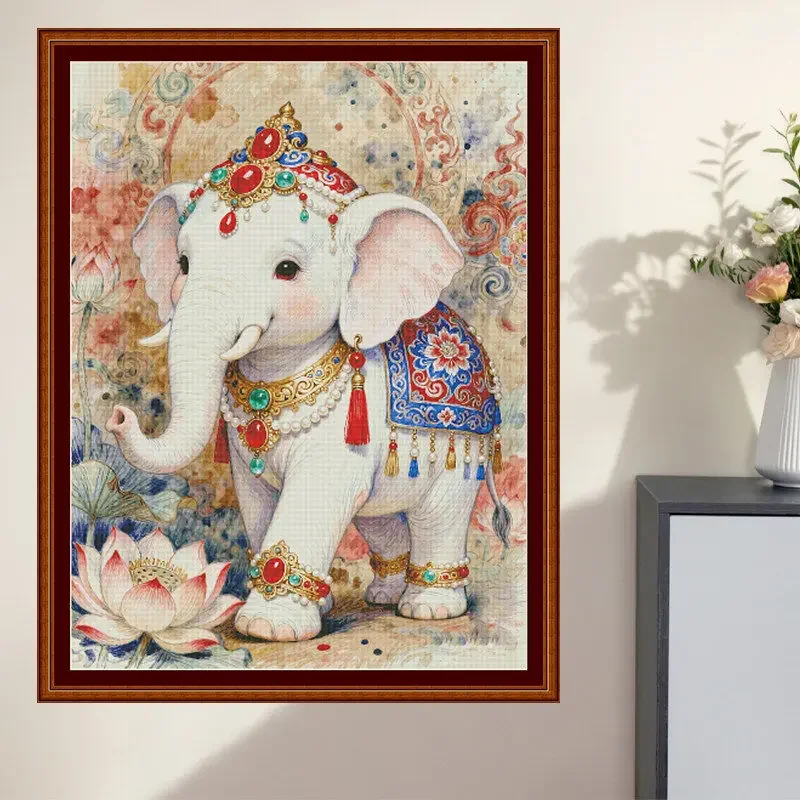 [ZZ8148-Auspicious White Elephant] Stamped Cross Stitch Kit 11/14/16/18CT Printed Canvas Cotton Thread DIY Embroidery Wall Decor