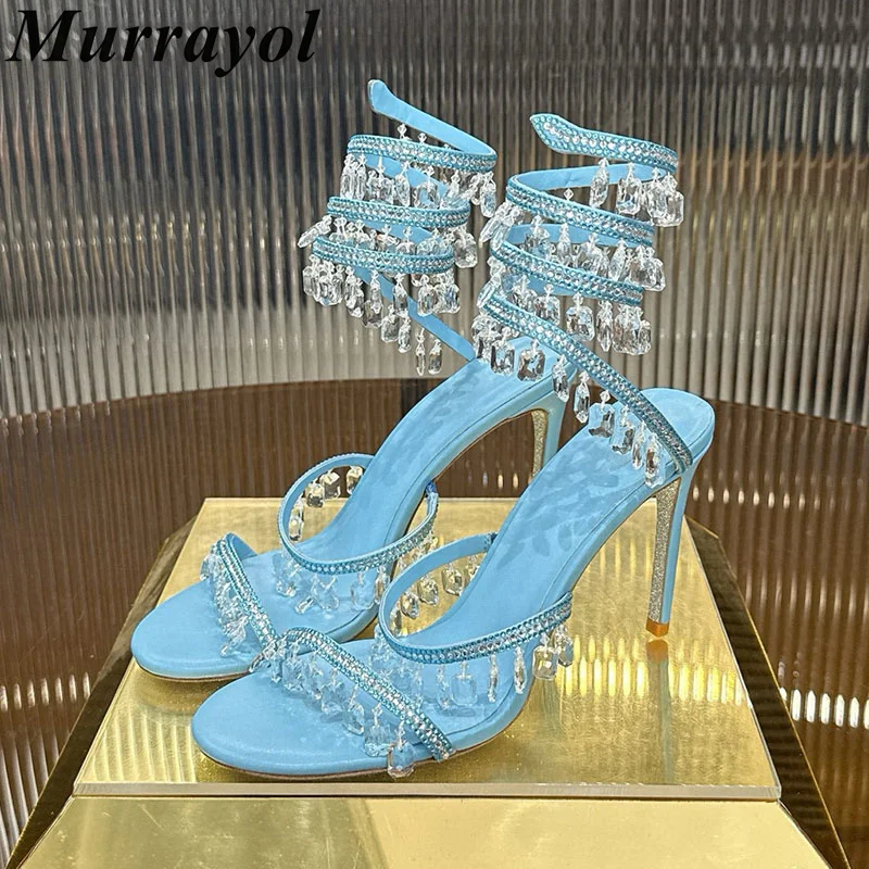 Crystal Sandalias Tassels Decor Thin High Heels Women Real Leather Rhinestone Elastic Band Sandals Summer Party Fairy Shoes