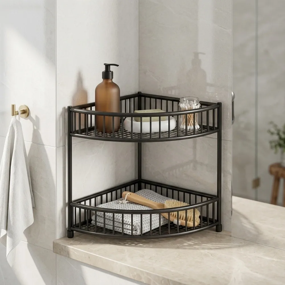 Two Level Iron Corner Shower Organizer for Bathroom Toiletries Storage Circular Profile Designed for Compact Spaces