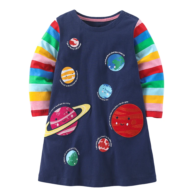 Little maven Girls Planet Print Long Sleeve Dresses Autumn 2023 Cotton Universe Space Kids Clothes Baby Girls Elegant Dress