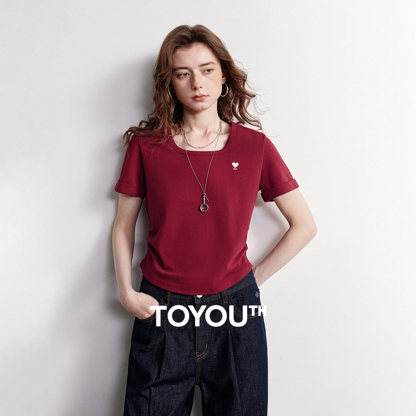 TOYOUTH Women T-shirt 2026 Summer New Breathable Bead Floor Short Fit Waist Cinched Square Neck American Top