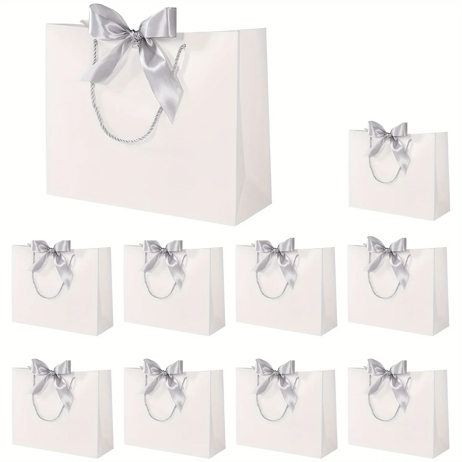 10pcs White Gift Bags With Silver Bow Ribbon, Paper Party Favor Bag With Handles Gift Bags Large For Wedding Graduation Birthday