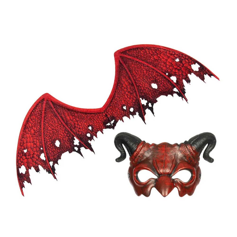 1Set Devil Mask and Wing Set Halloween Party Cosplay Performance Non-Woven Fabric Comfortable Breathable Fade-Resistant Adult