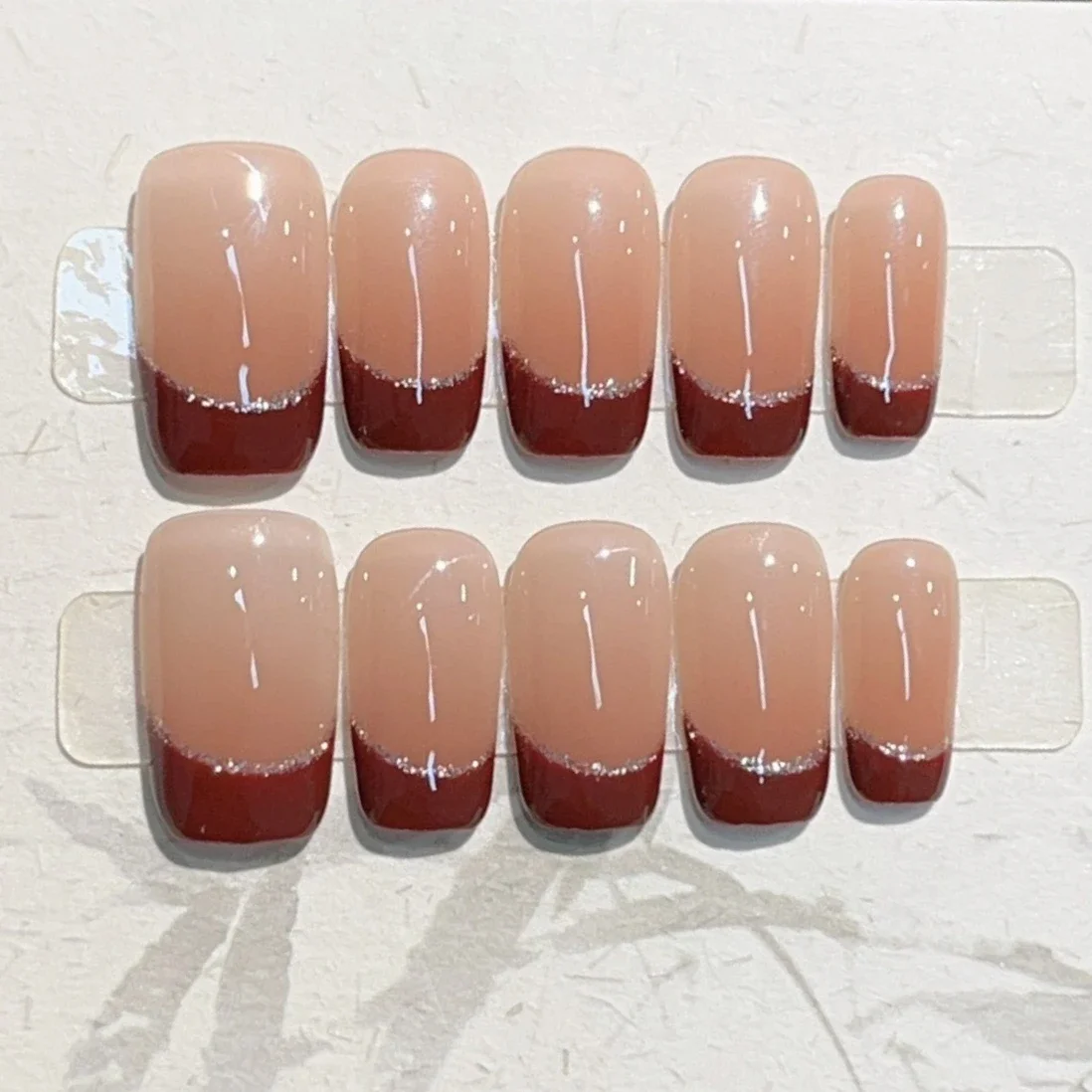 10Pcs Handmade Press on Nails French Cat Eye Design Simple Pink Short Square French Ballerina Wearable Fake Nail with jelly glue