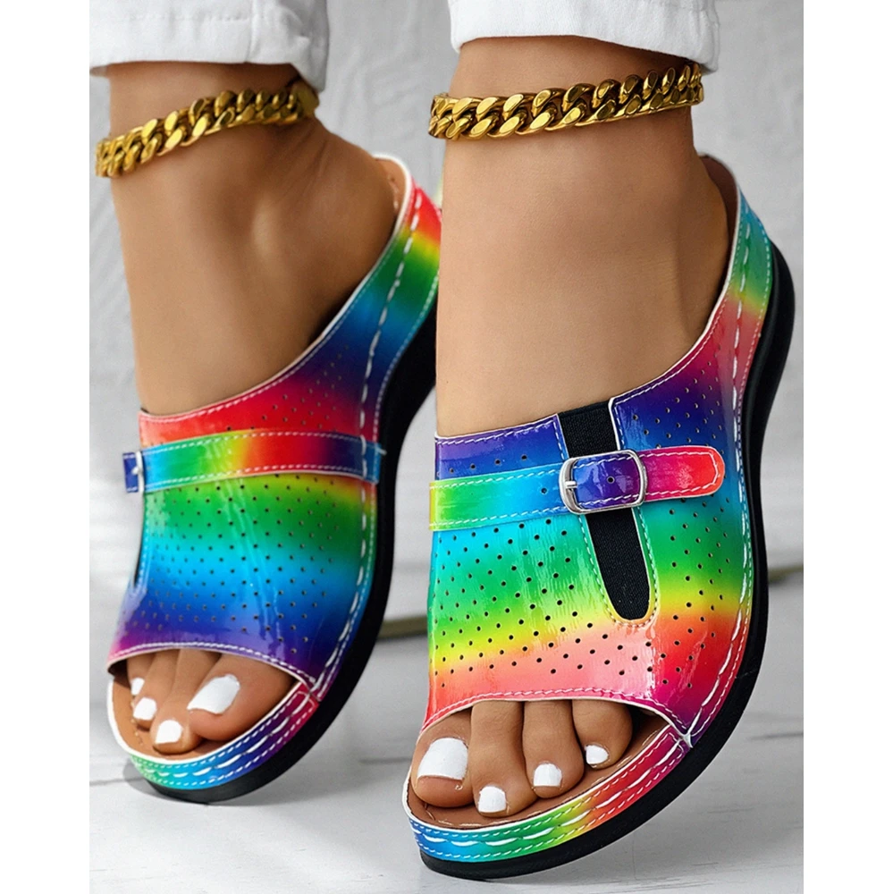 

Women Summer Rainbow Ombre Hollow Out Low Heel Wedge Sandals Casual Wide Strap Going Out Slippers