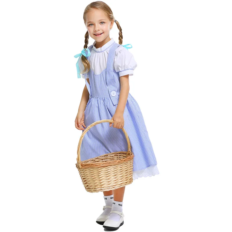 Teen Alice Maid Cosplay Costume for Kid Girls Pastoral Style Blue Lattice Farm Dress Halloween Party Stage Show Costumes Suit