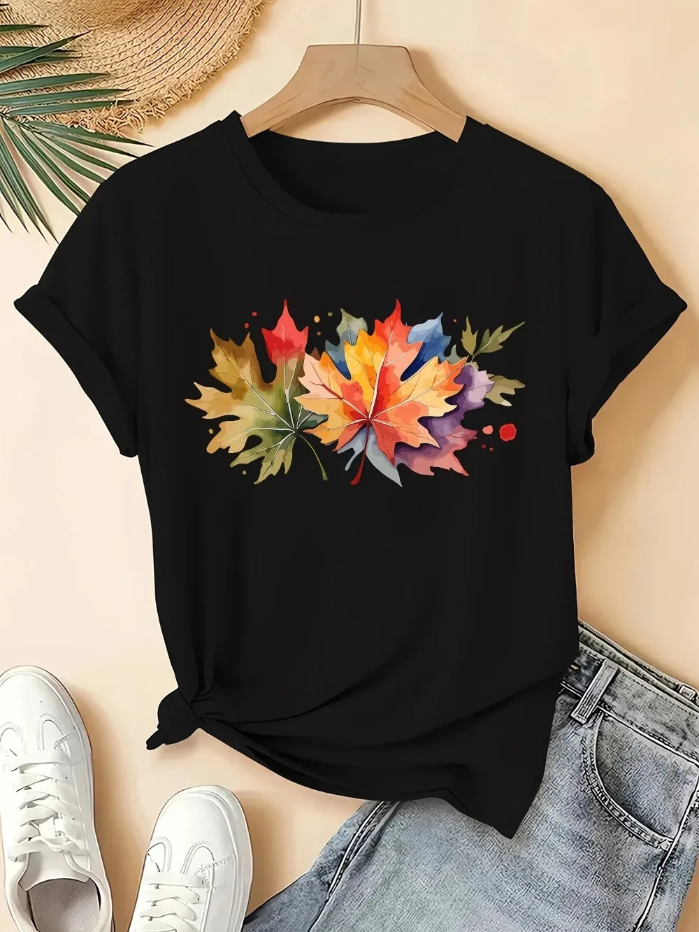 Watercolor Autumn Maple Leaves Graphic Women T-Shirt Fall Leaf Lovers Casual Everyday Wear Women Y2k Style Short Sleeve Clothing
