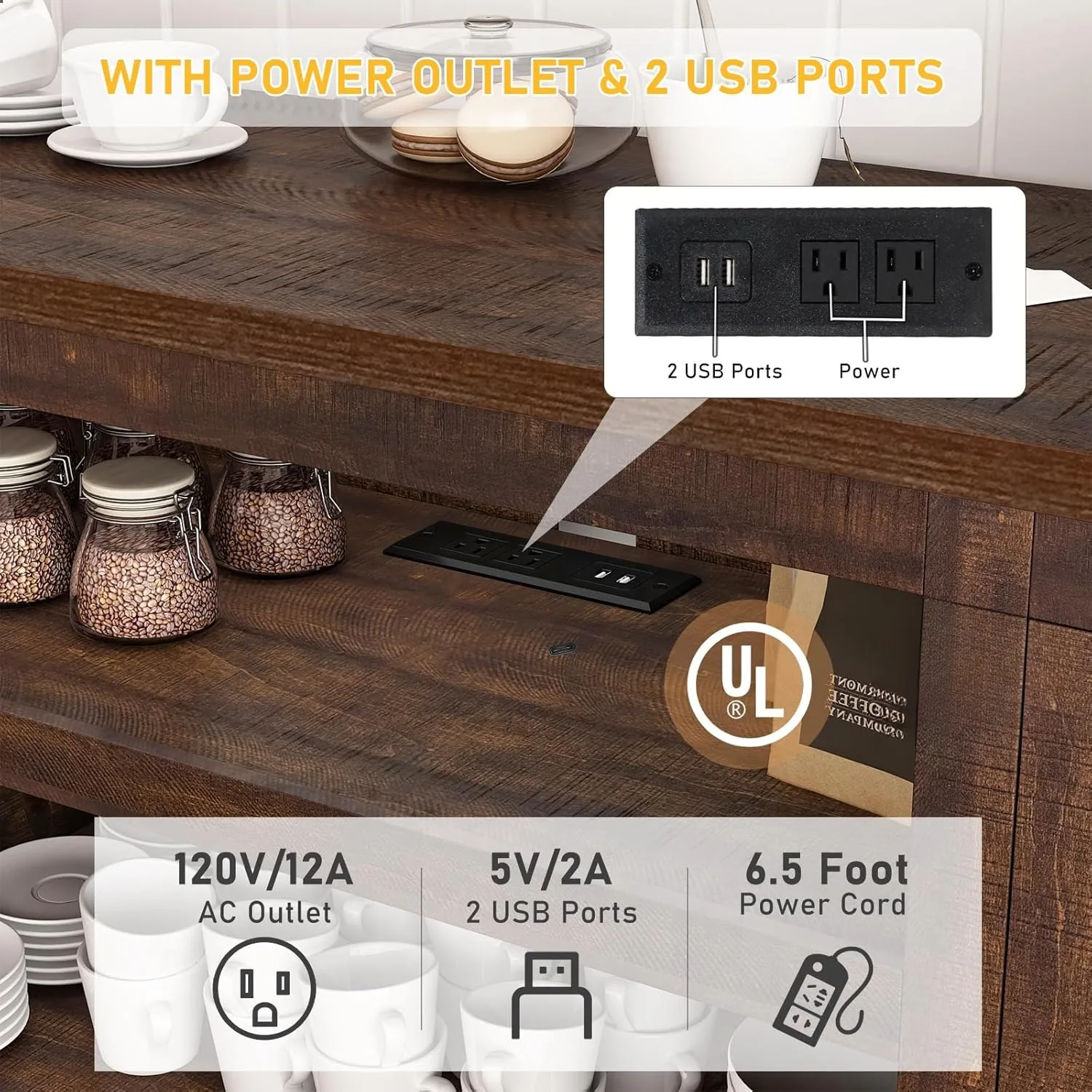 Suporte de TV de 66 polegadas com tomada de energia, capaz de acomodar 75 TVs de 65 polegadas, armário de armazenamento com suporte ajustável, cor marrom