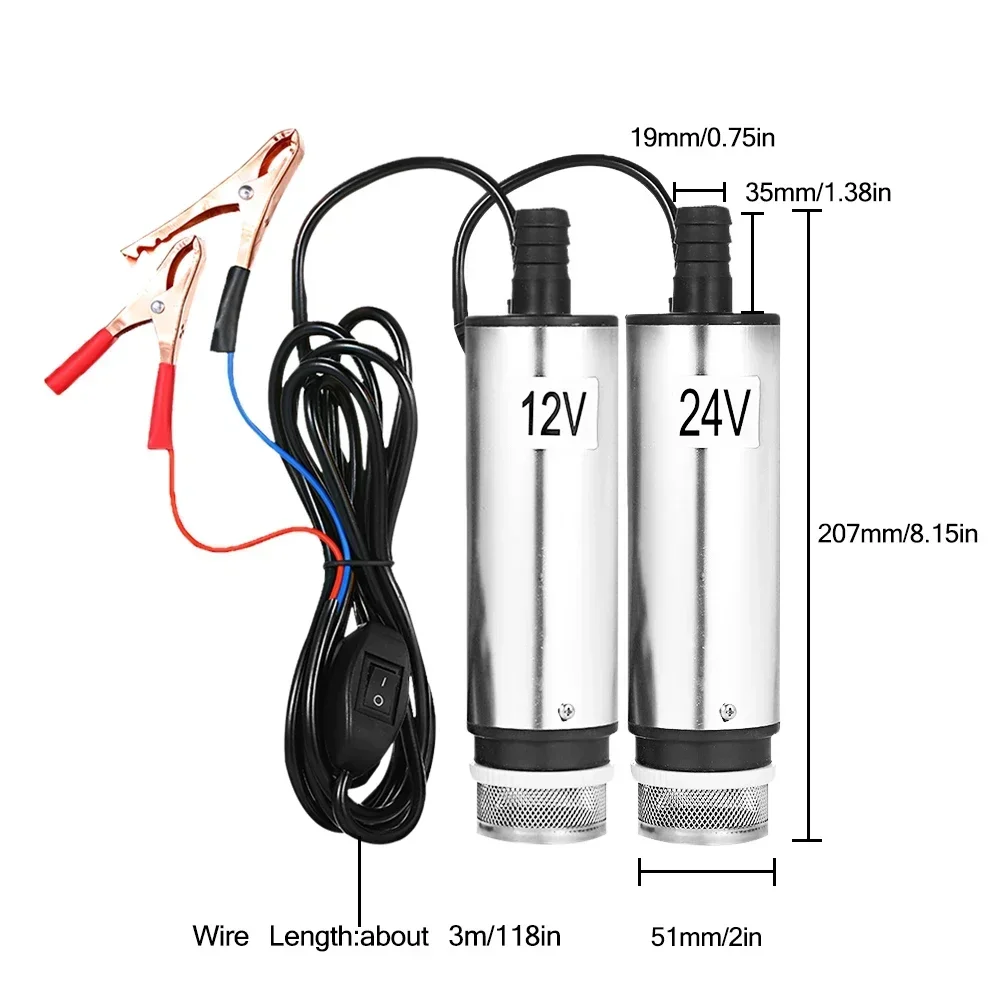 DC 12V/24V Submersible Pump for Pumping Oil Water 51mm Water Oil Fuel Transfer Pump Refueling with Fliter Screen