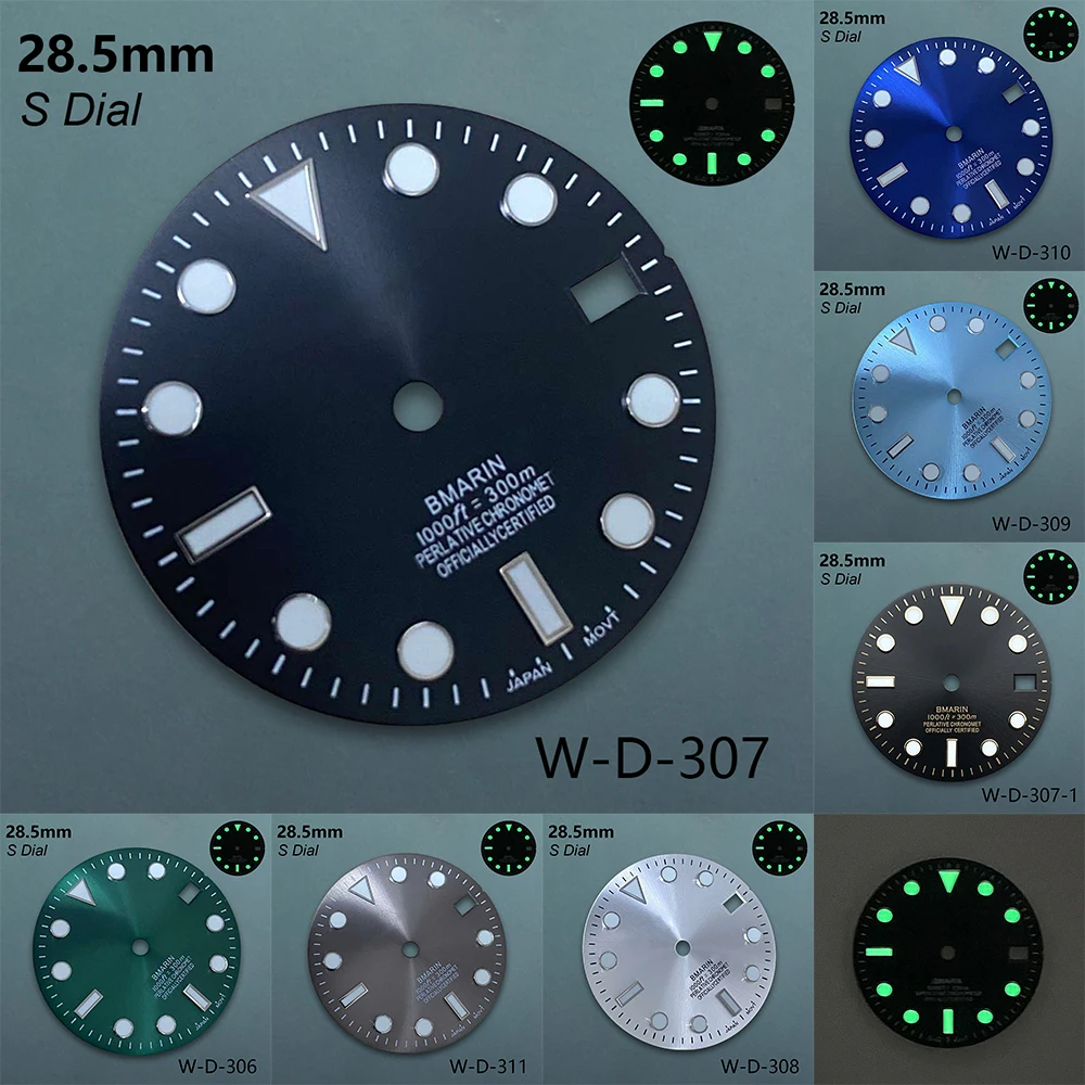 28.5mm S Logo SUB Dial Fit NH35/NH36/4R/7S Movement c3 Green Luminous High Quality Sunray Dial Watch Accessories