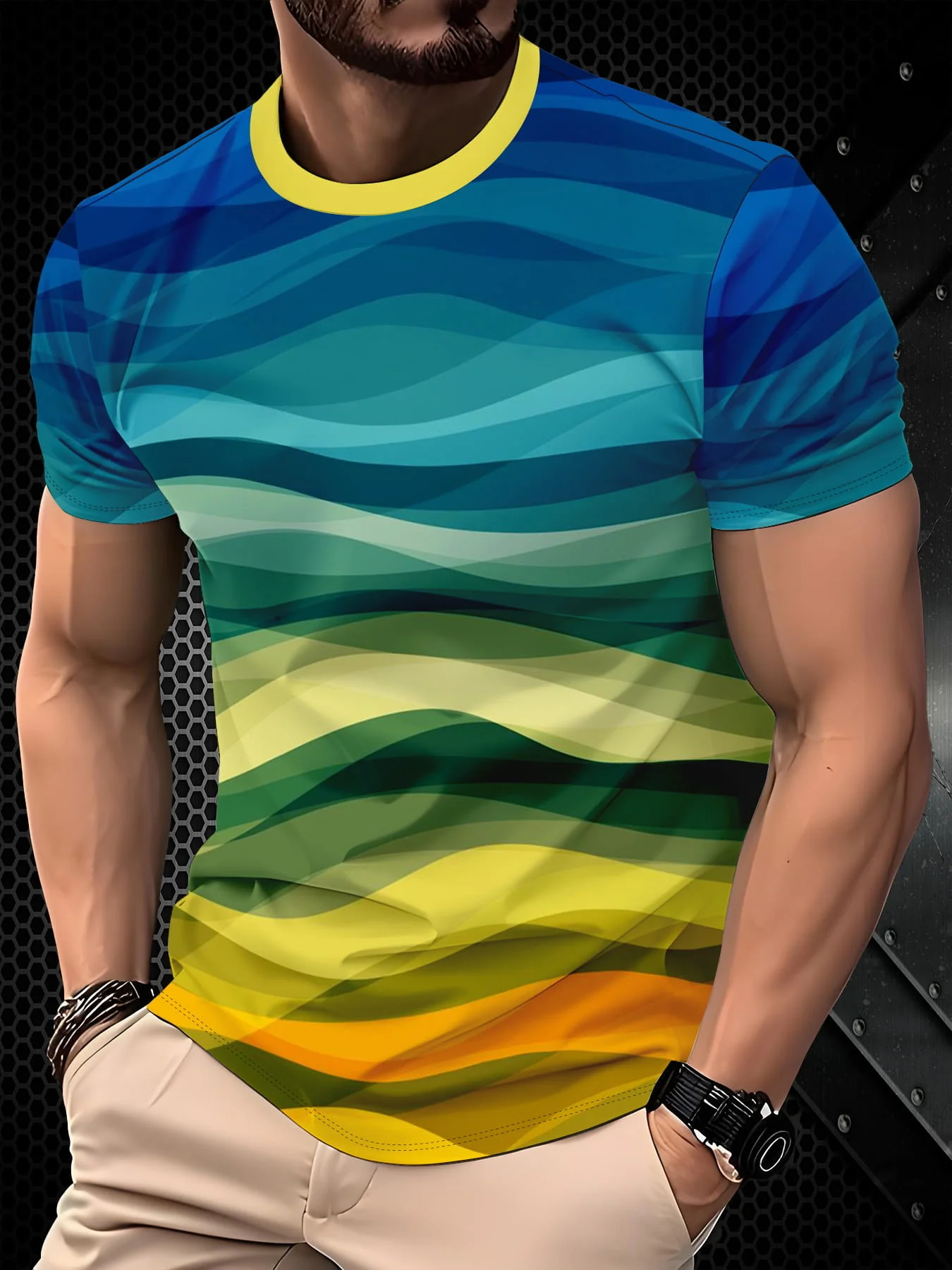 Men Sports Short Sleeve T-shirt High Elastic Quick Dry Gradient Wavy Stripe Print Breathable Outdoor Workout Top