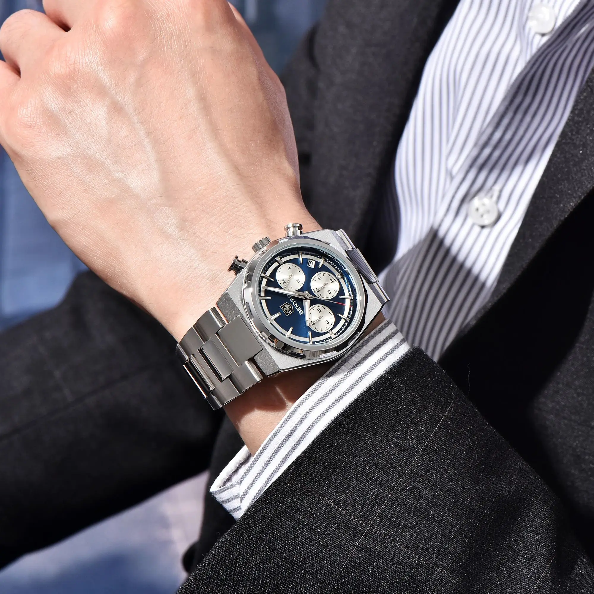BENYAR Business Capable Men's Quartz Watch Light Luxury Exquisite Stainless Steel Small Three-Pin Calendar Luminous Chronograph