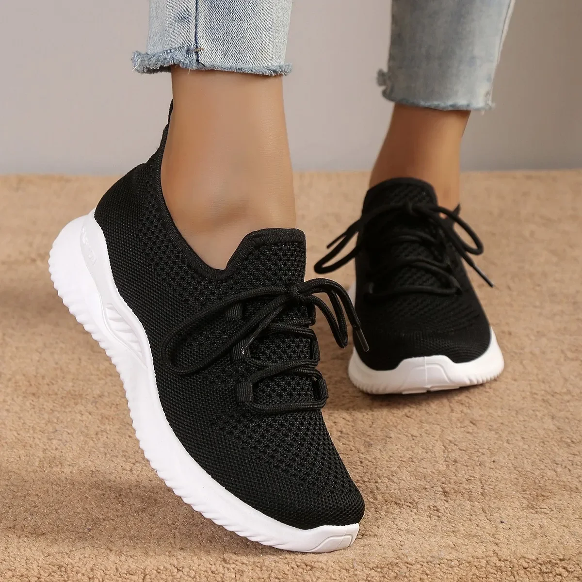 Women Sneakers Fashion Lace Up Mesh Breathable Outdoor Walking Small White Shoes Round Toe Non-slip Thick Sole Tennis Shoe Mujer