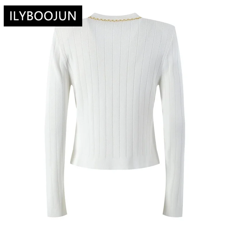 New Fall Spring O-neck Long Sleeve 3 Color Black/White/Pink Luxury Chain Patchwork Women Fashion Knitting Sweater Slim Tops