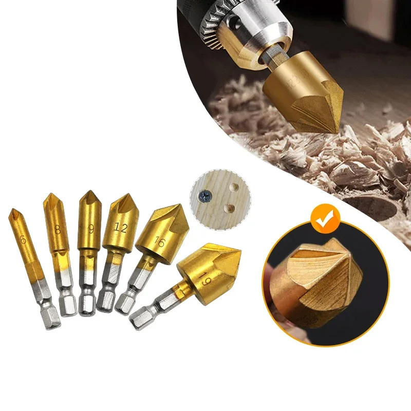 

3/6PCS 6-19mm Countersink Drill Bit Set 1/4'' Hex Shank HSS Countersink 90 Degree Chamfering Cutter for Wood Drill Tool Set