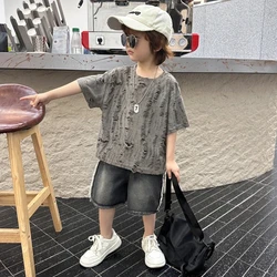 2pcs Set Boys Grey Hole Short Sleeved T-shirt+ Denim Shorts Summer Suit 2025 New Fashion Baby Clothes Handsome Kid Clothing
