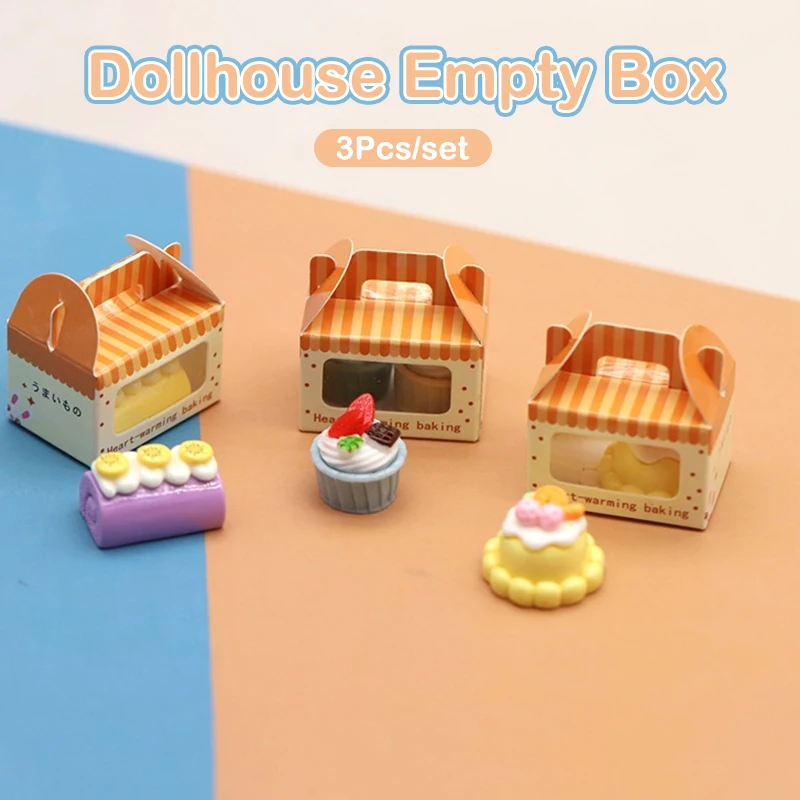 3Pcs 1:12 Dollhouse Miniature Cute Fruit Cake With Mini Cake Box Afternoon Tea Model Kitchen Dessert Shop Decor Toy Accessories