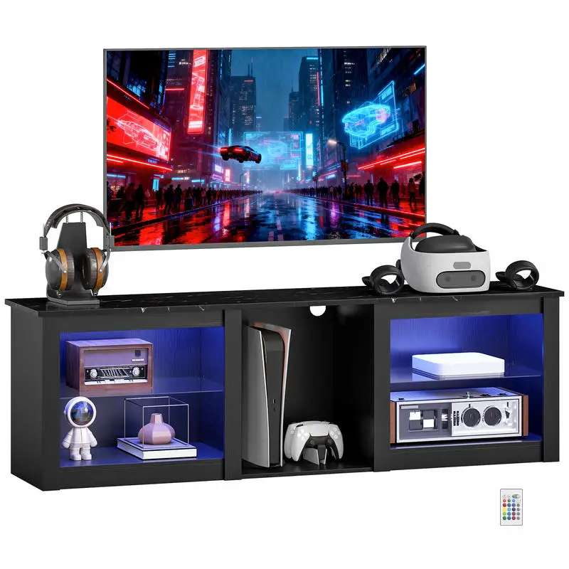 Meuble TV avec éclairage LED pour télévision jusqu'à 65 pouces, 160 cm avec étagères et verre réglables, noir