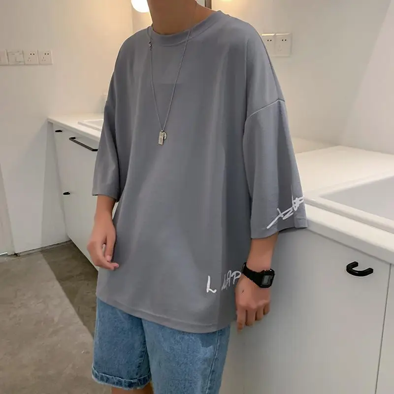 Fashion Solid Color Printed Asymmetrical T-Shirt Men Clothing 2023 Spring New Oversized Casual Pullovers Loose Korean Tee Shirt