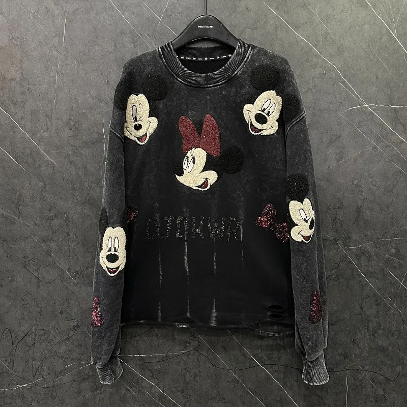 Autumn Heavy Industry New Style Distressed Embroidered Cartoon Crew Neck Sweatshirt Women's Loose Casual Versatile Pullovers Top