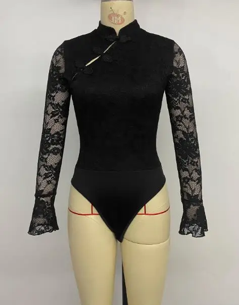 

Female Sexy Skinny Bodysuits Vintage New Autumn Women's Fashion Cheongsam Element Black New Chinese Style One-Piece Jumpsuits