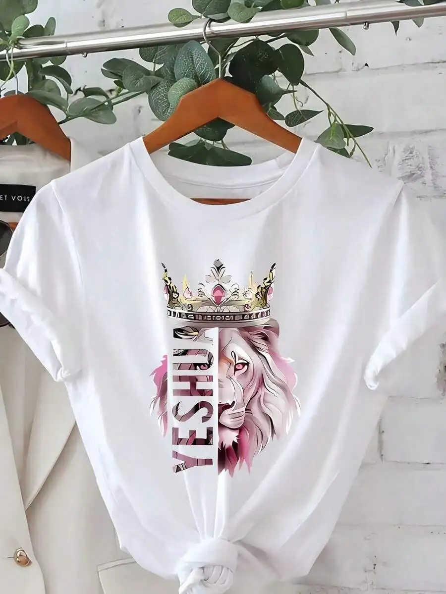 TopsWomen's T-Shirt With Lion King Crown And Lioness Pattern, Short Sleeve Round Neck Casual All Seasons Top