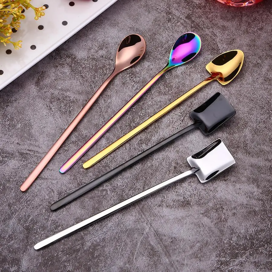 Long Handle Spade Shaped Spoon 304 Stainless Steel Mini Dessert Scoop For Coffee Tea Honey Cocktail Stirring Ice Cream Serving
