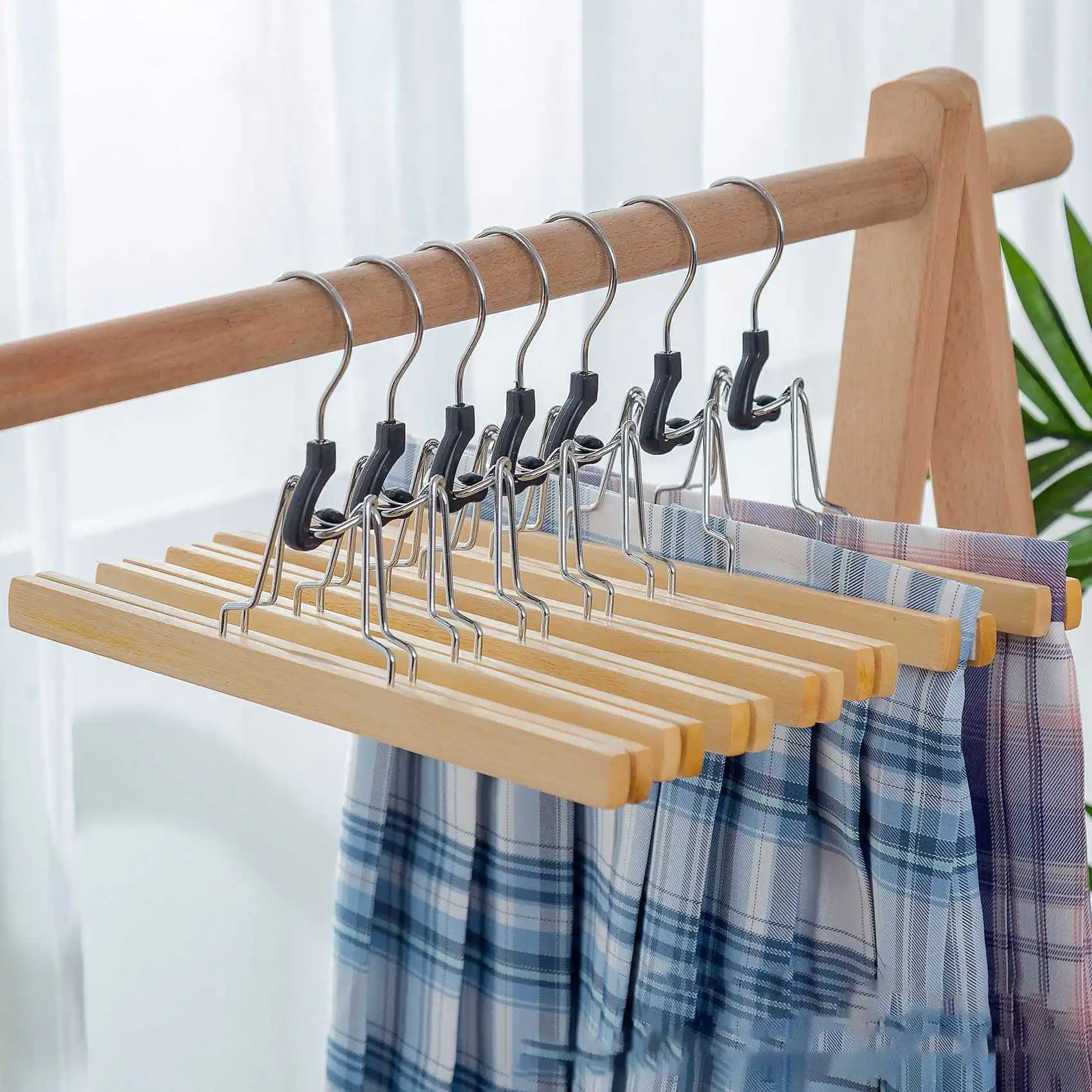 10 Pcs Grade Wooden Pants Hanger with Clips Non Slip Skirt Hanger with 360° Swivel Hook