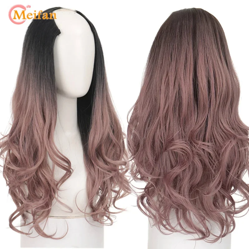 MEIFAN Synthetic Long Straight/ Wavy Curly U-Shaped Half Wig for Women Natural Brown Black Wigs Fake Hair Extensions