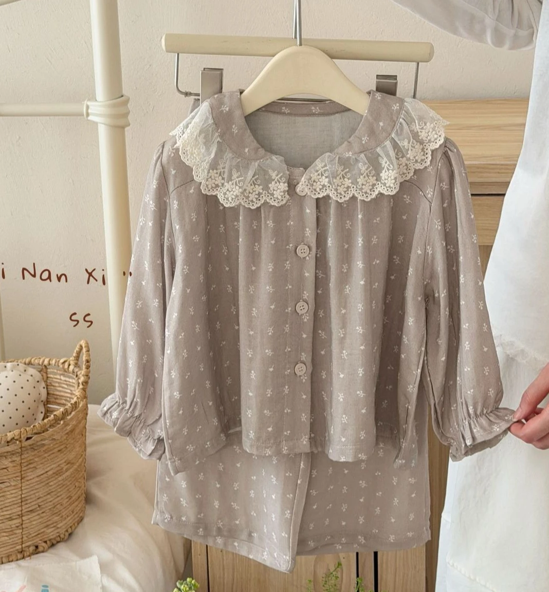 Girls Casual Set Home Clothing 2026 Spring Autumn New Girls Baby Double Layer Cotton Yarn Pajama Two Piece Set