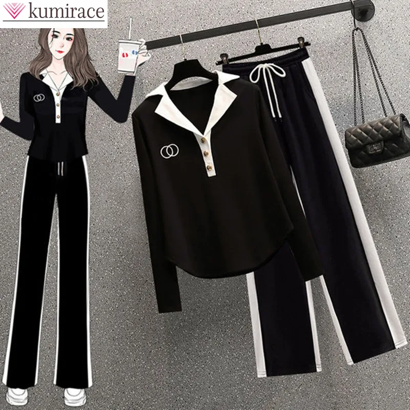 Conjunto de dos piezas de pantalones de pierna ancha para mujer, camisa de manga larga con cuello tipo POLO, estilo coreano Popular, elegante, para