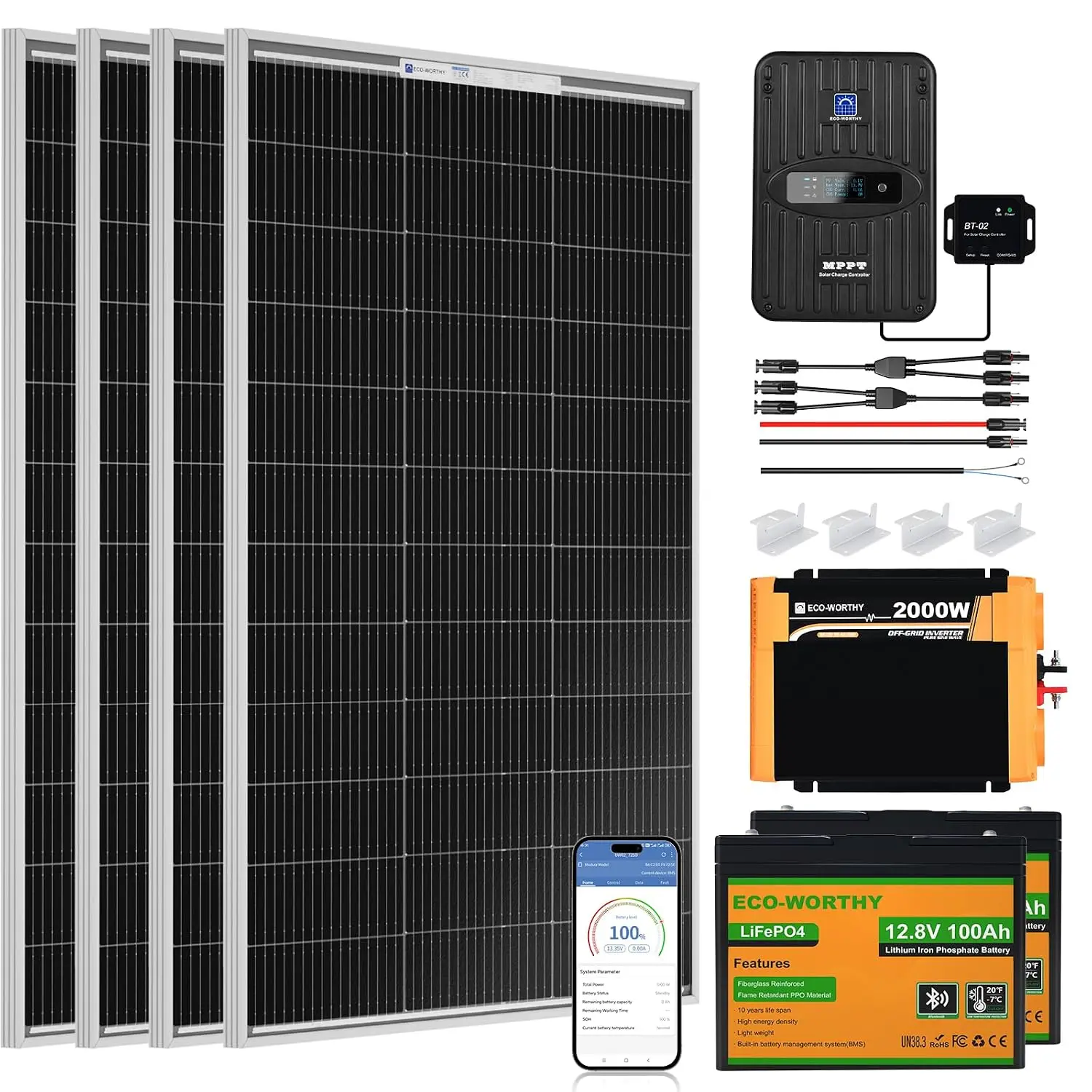 1.6KWH Complete Solar Panel Kit 400W 12V for RV Off Grid | 4 * 100W Solar Panel + 40A MPPT Controller + 2 * 12V 100Ah, Custom